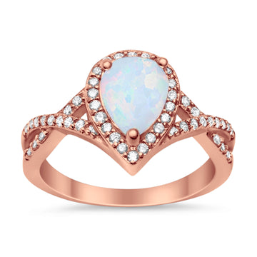 Teardrop Wedding Promise Ring Infinity Round Rose Tone, Lab White Opal 925 Sterling Silver
